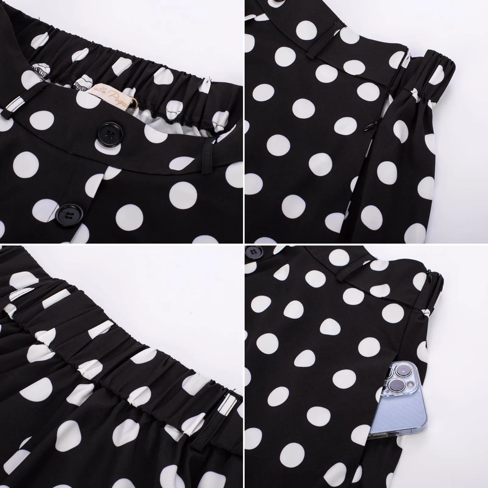 Polka Dots Swing Skirt with Belt Elastic High Waist Buttons Decorated Skirt