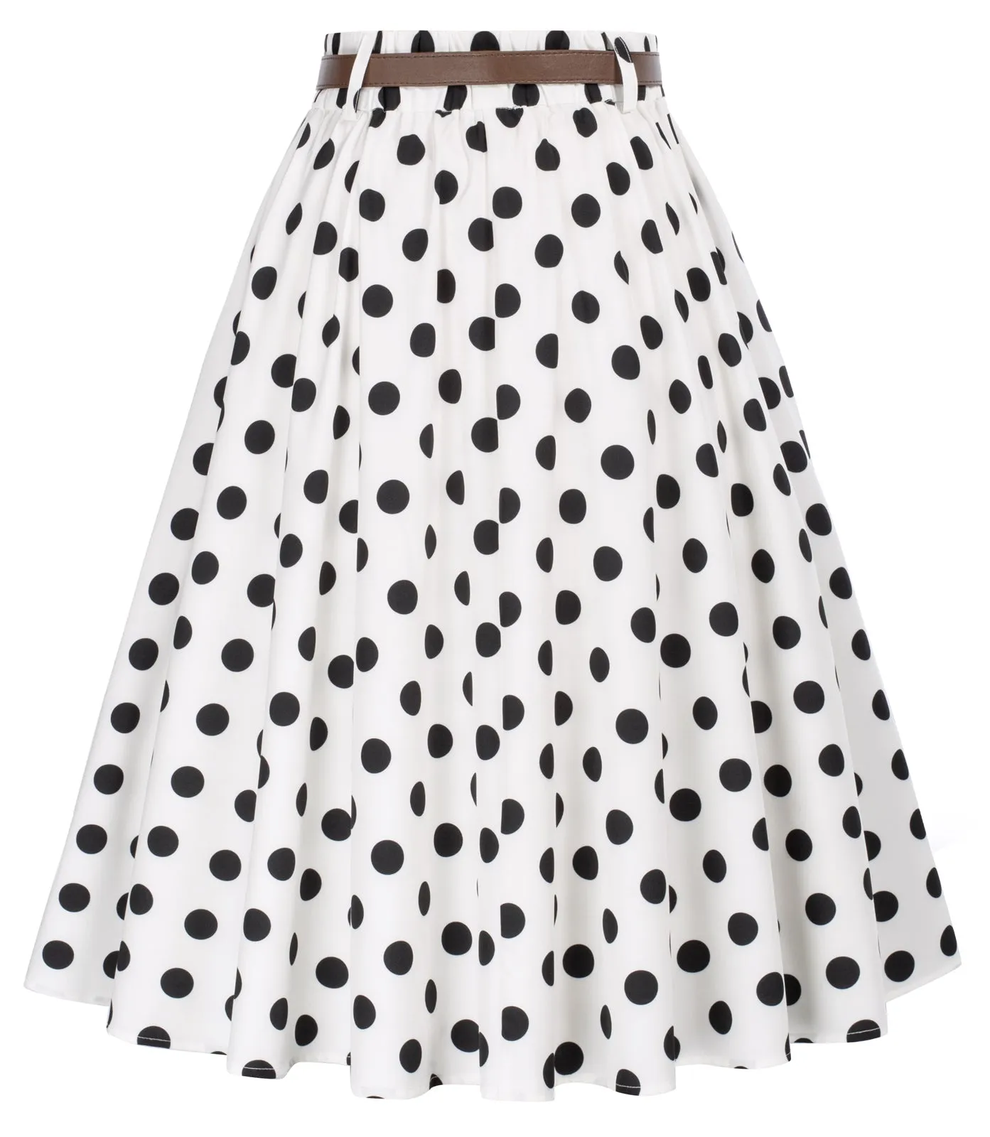 Polka Dots Swing Skirt with Belt Elastic High Waist Buttons Decorated Skirt