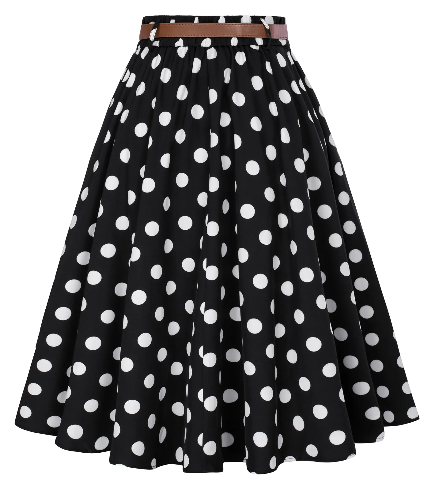 Polka Dots Swing Skirt with Belt Elastic High Waist Buttons Decorated Skirt