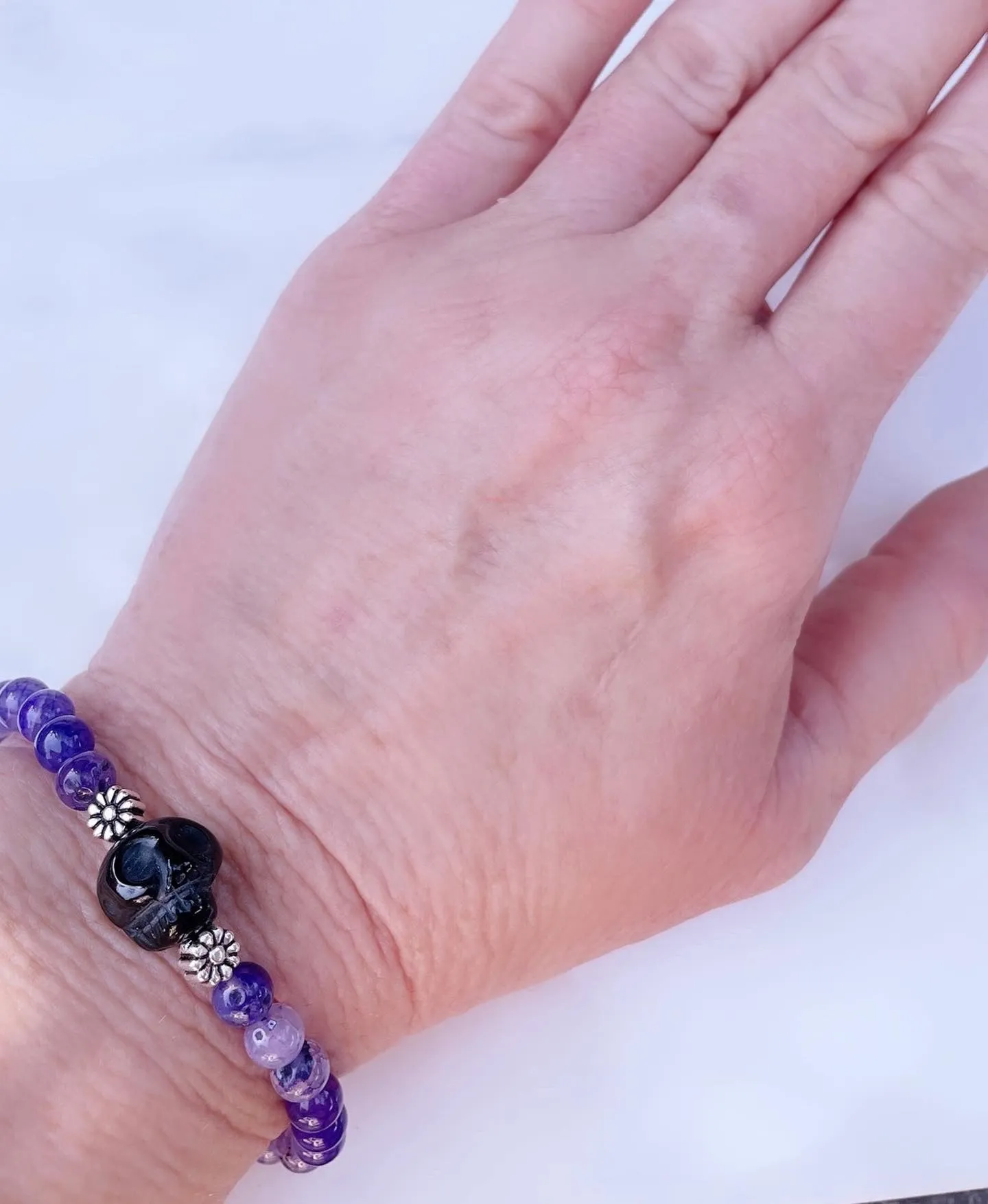 Purple Agates, Onyx Skull Beaded Stretch bracelet