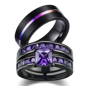 Purple Inlay and Purple Cubic Zirconia Stainless Steel Wedding Bands Set