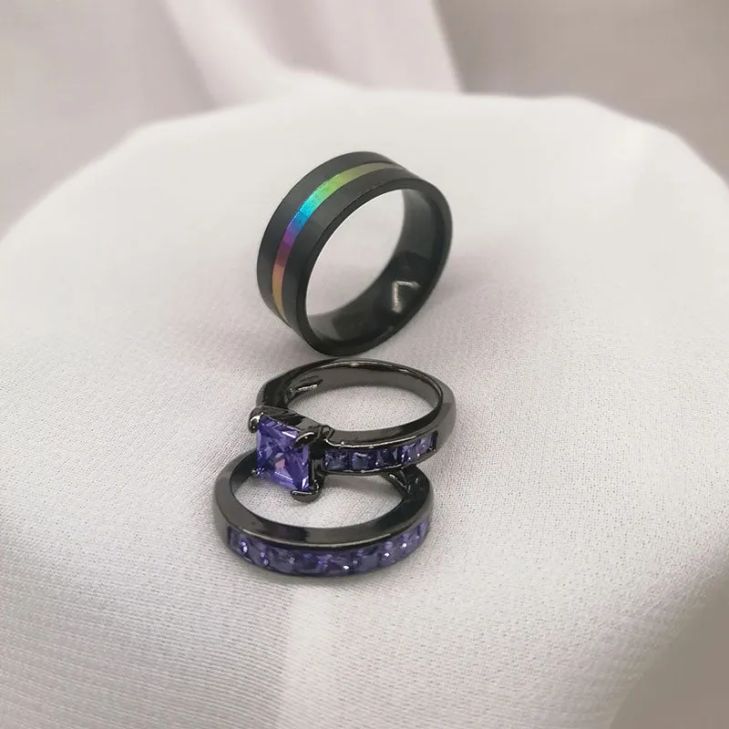 Purple Inlay and Purple Cubic Zirconia Stainless Steel Wedding Bands Set