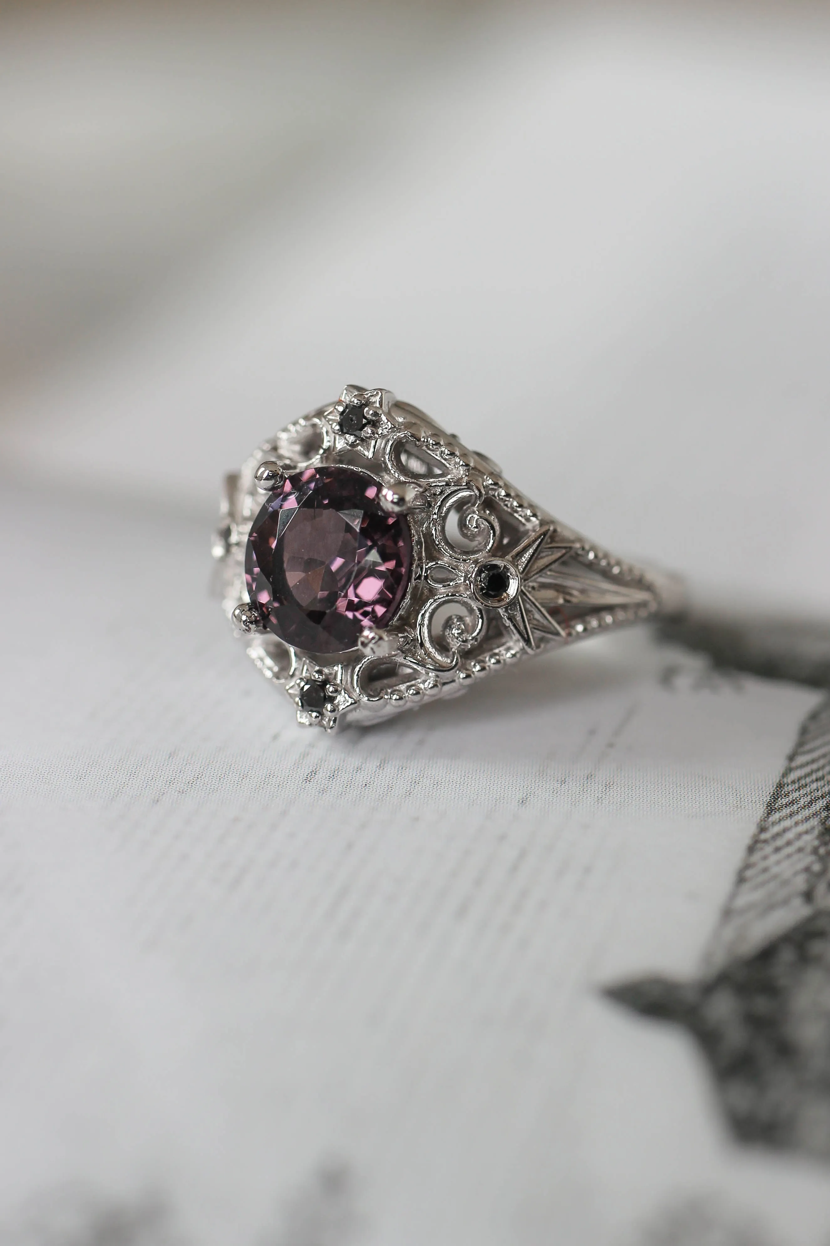 Purple spinel and black diamonds ring, stars engagement ring / Galaxia