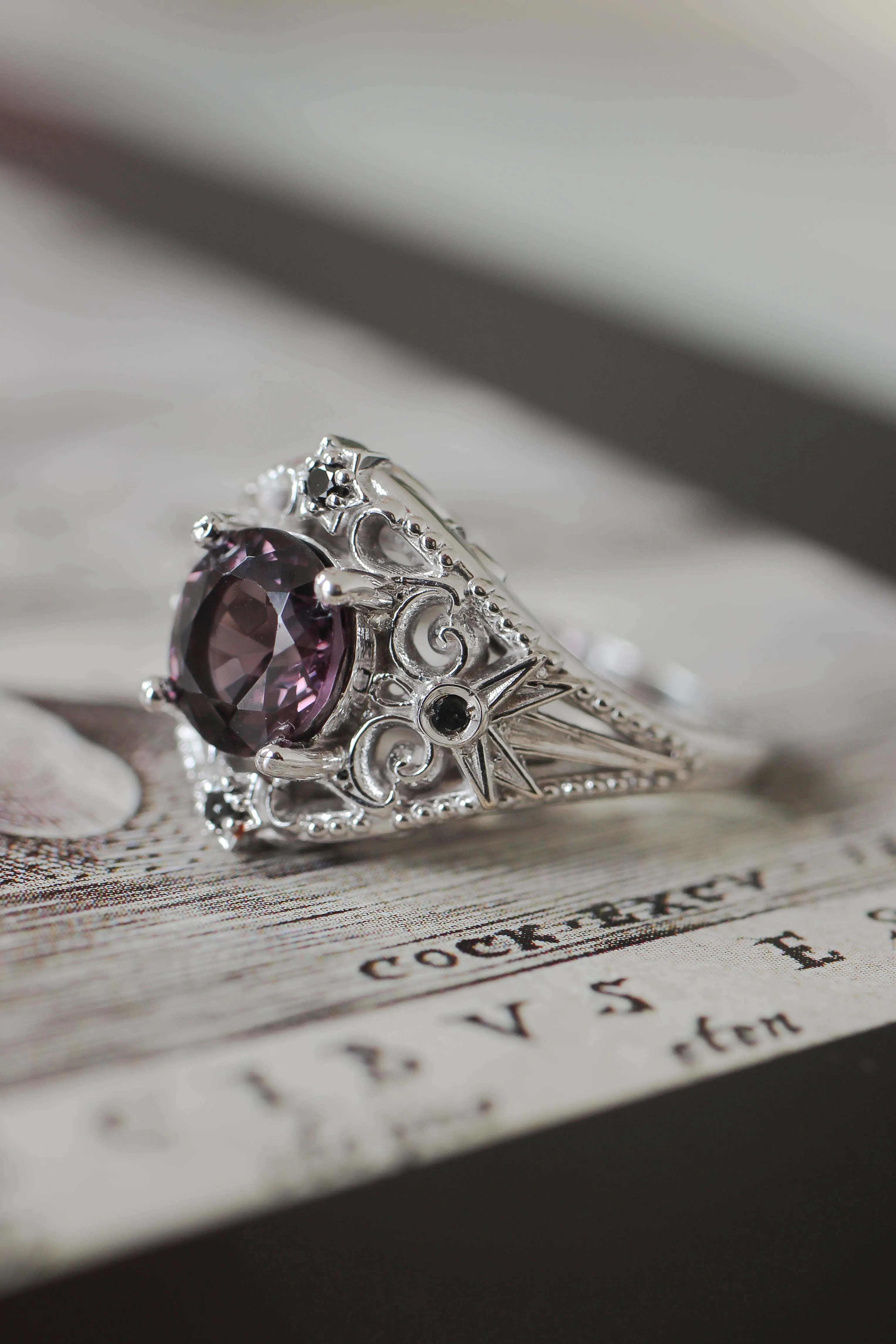 Purple spinel and black diamonds ring, stars engagement ring / Galaxia