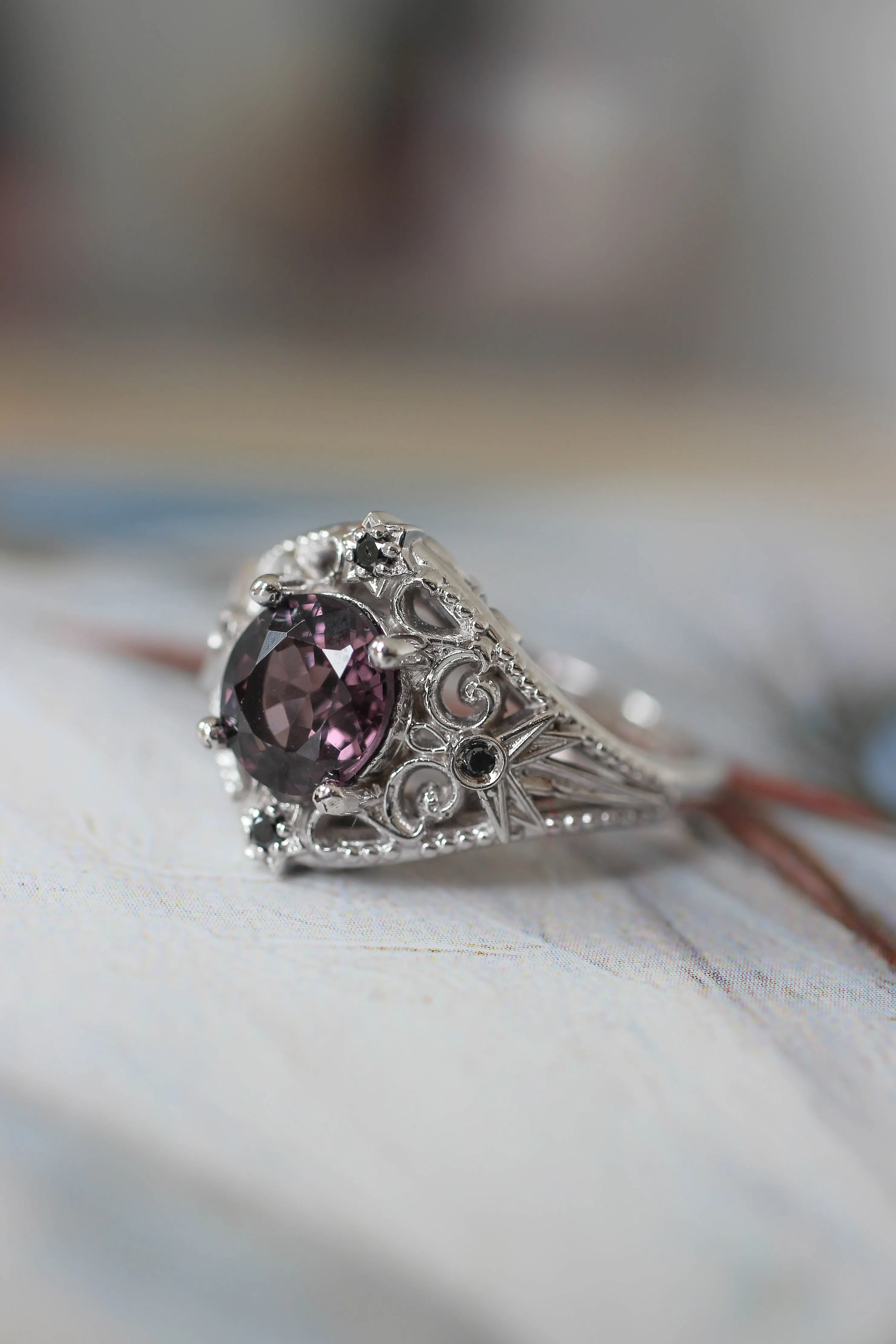 Purple spinel and black diamonds ring, stars engagement ring / Galaxia