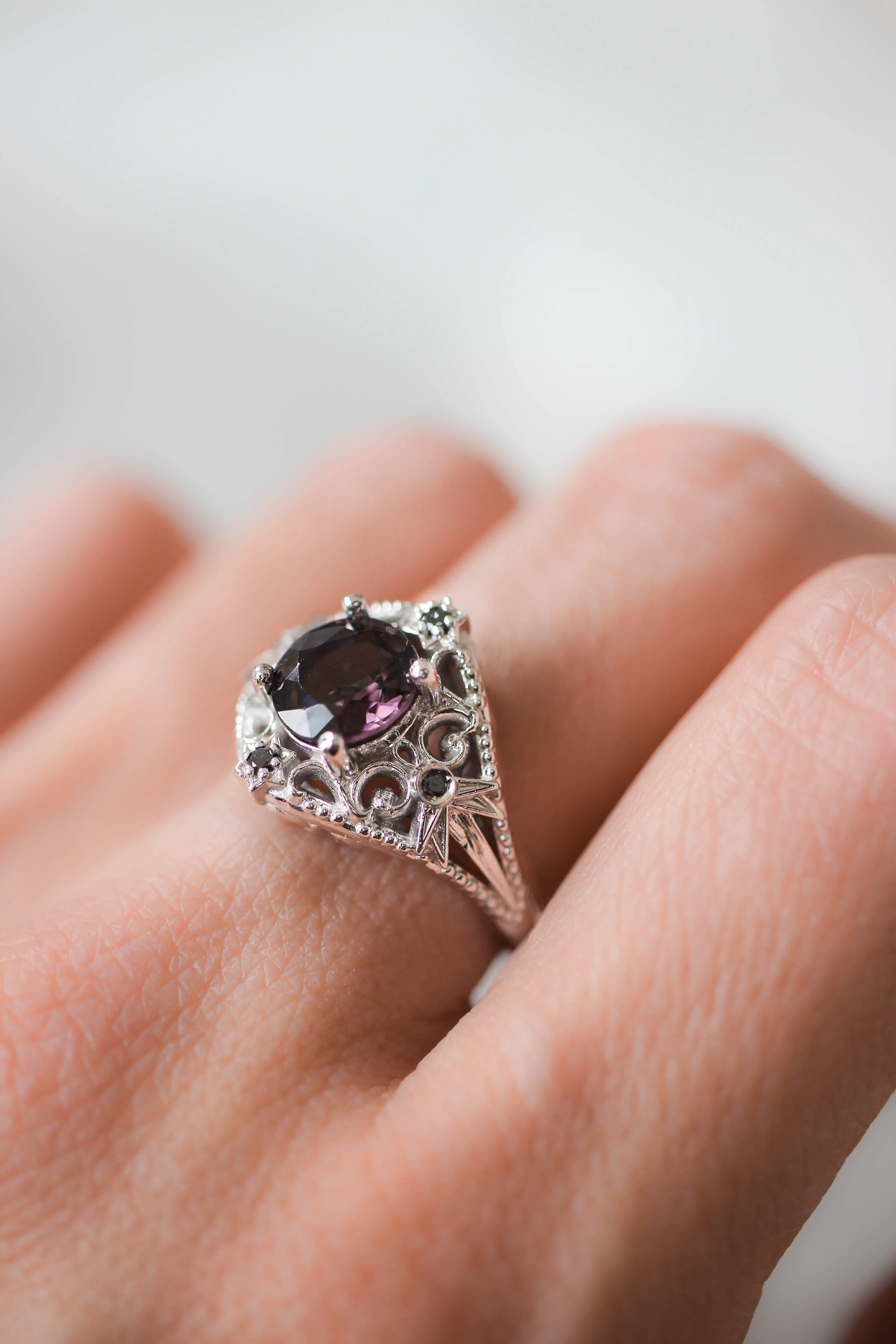 Purple spinel and black diamonds ring, stars engagement ring / Galaxia