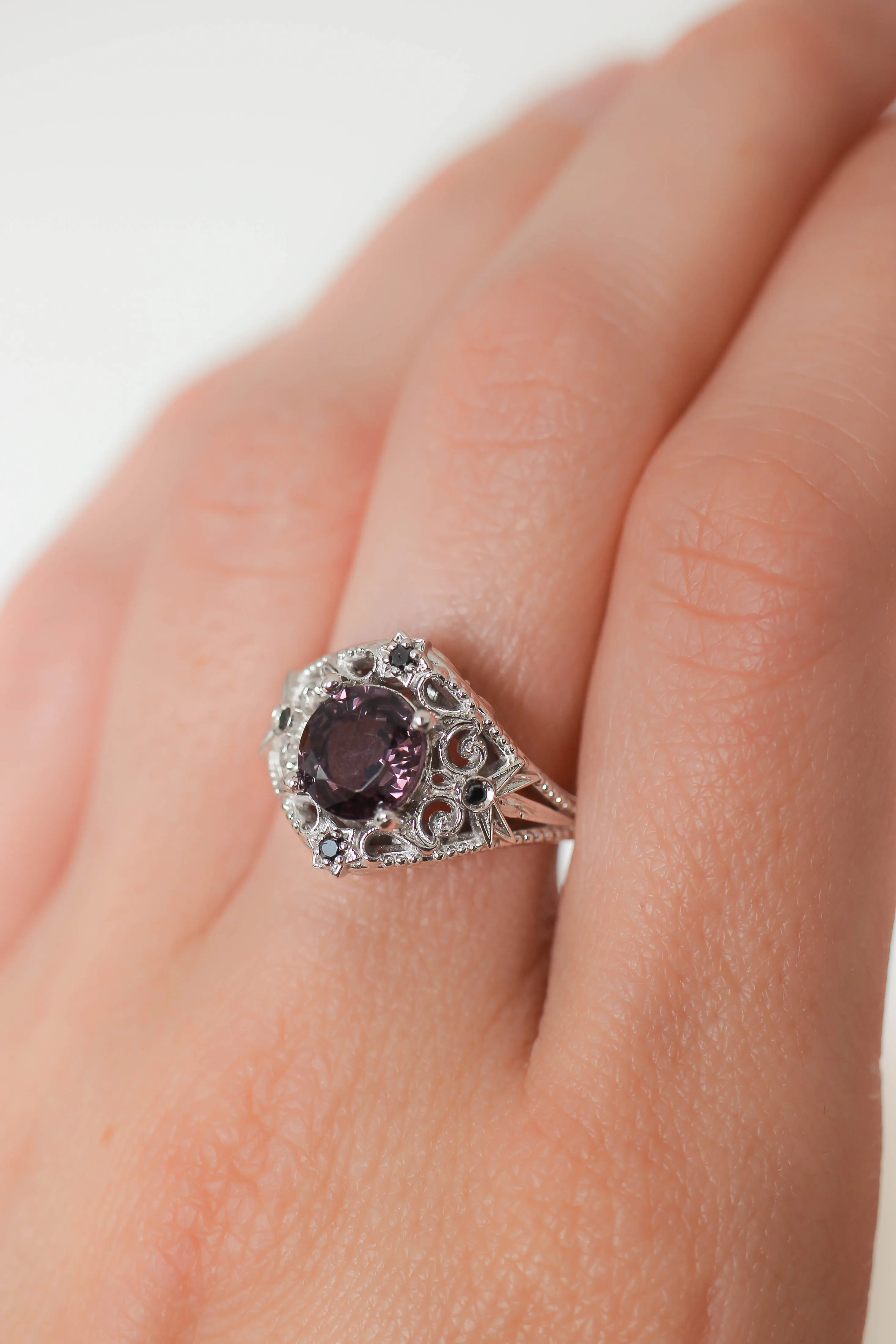 Purple spinel and black diamonds ring, stars engagement ring / Galaxia