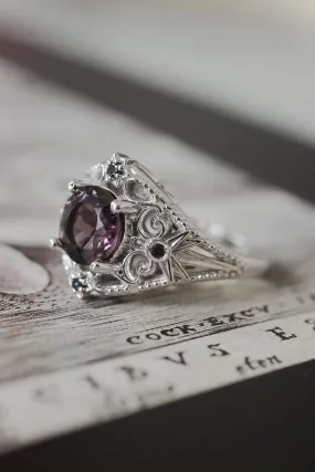 Purple spinel and black diamonds ring, stars engagement ring / Galaxia