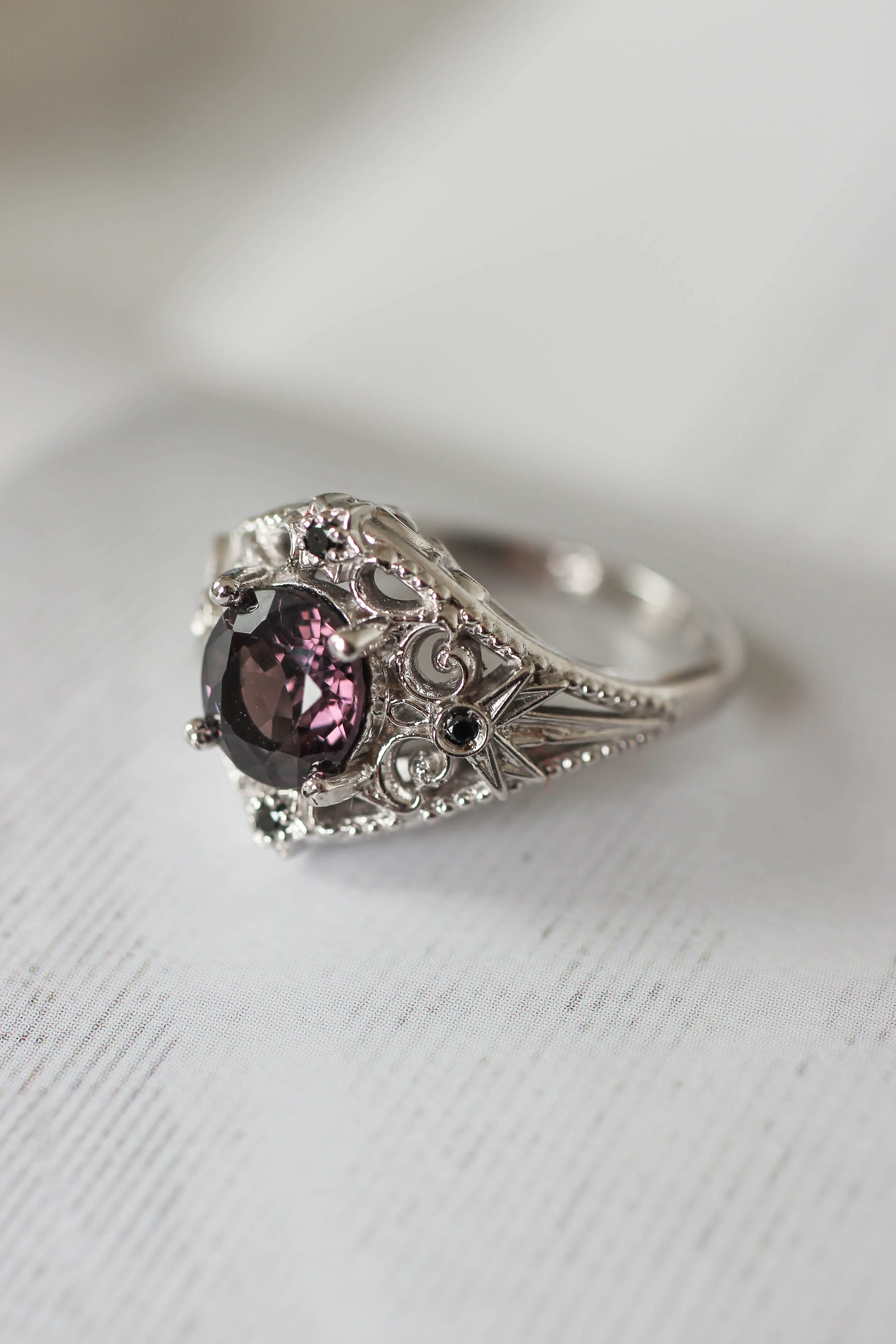 Purple spinel and black diamonds ring, stars engagement ring / Galaxia