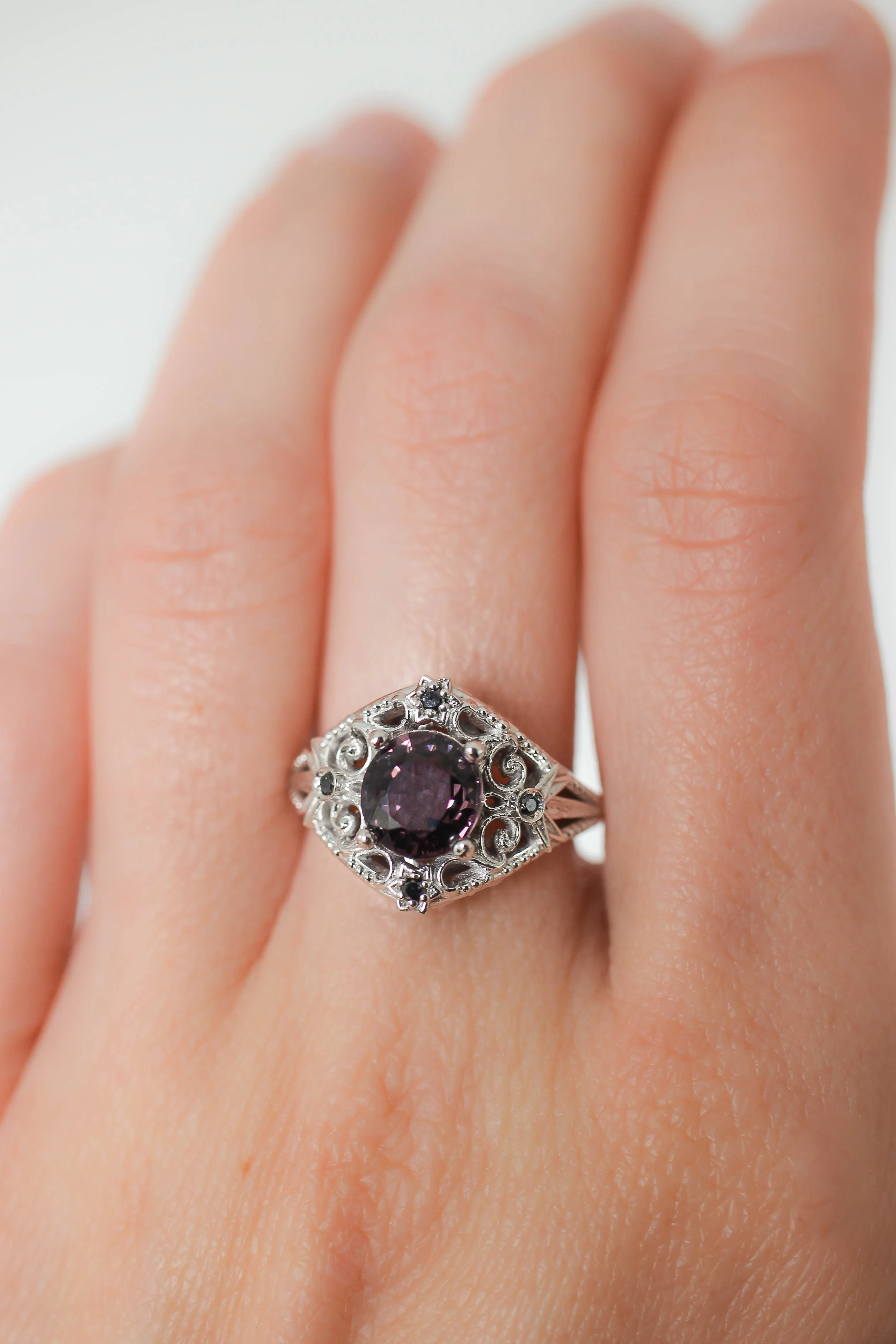 Purple spinel and black diamonds ring, stars engagement ring / Galaxia