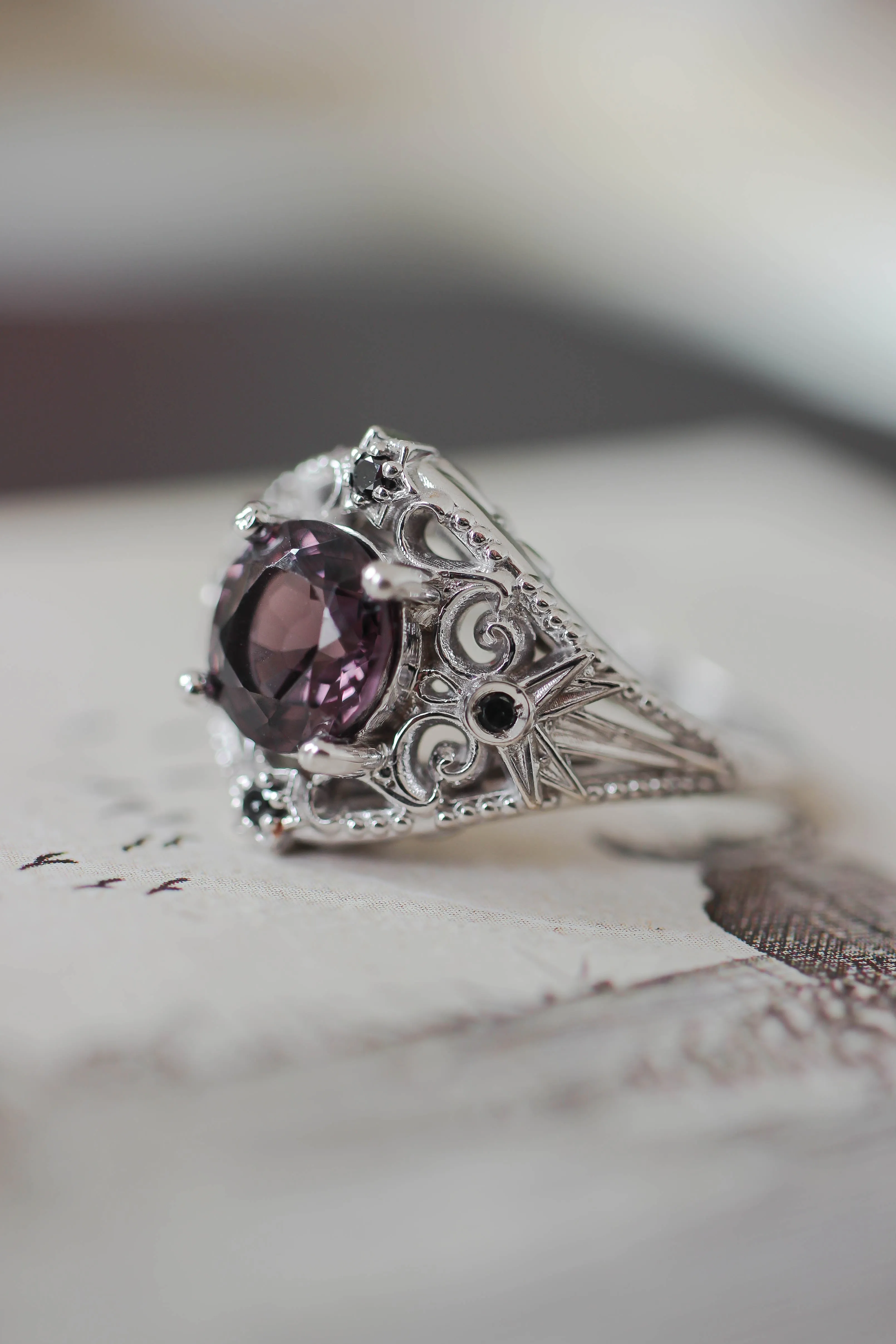 Purple spinel and black diamonds ring, stars engagement ring / Galaxia