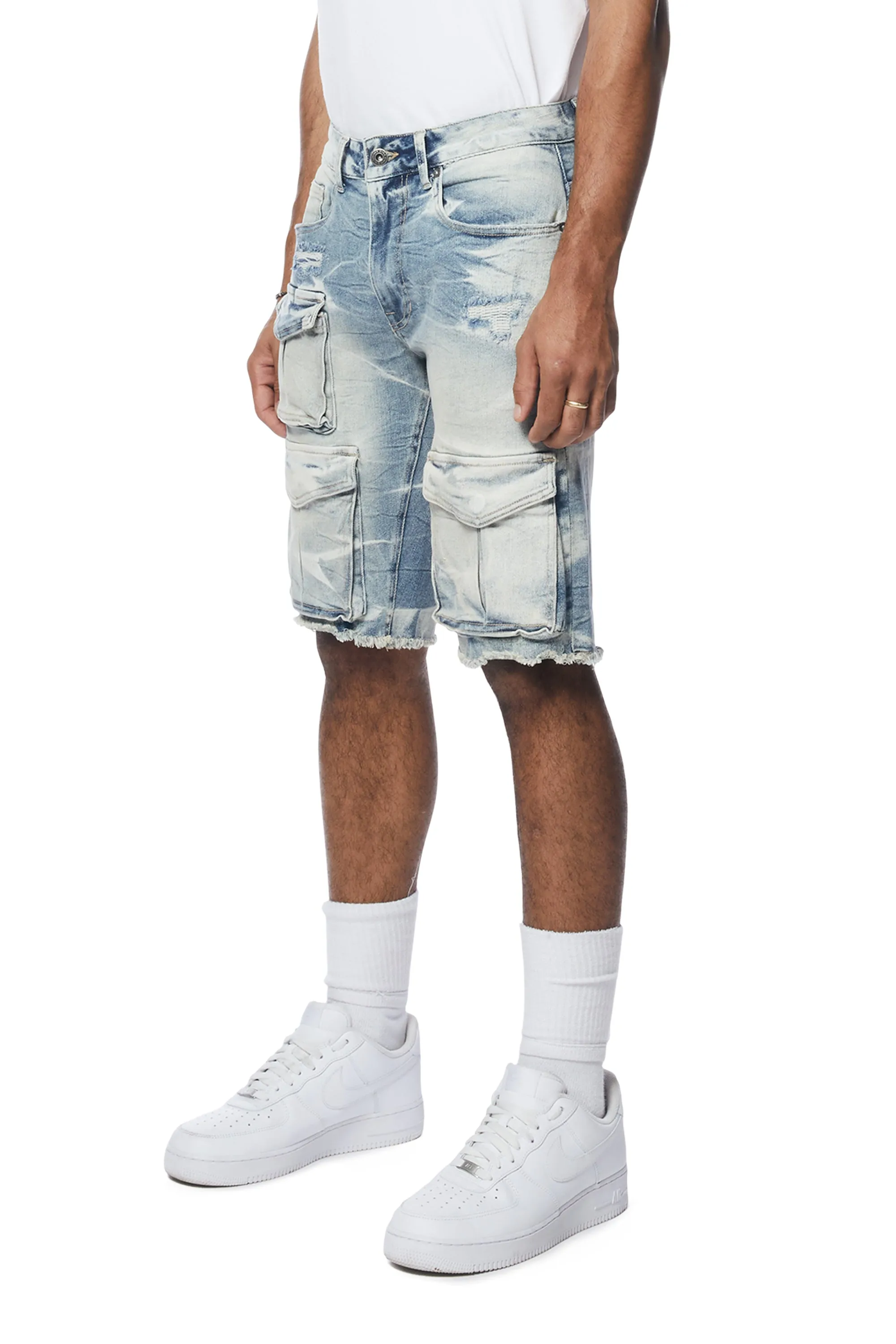 Rip & Repair Cargo Jean Shorts - Bergen Blue