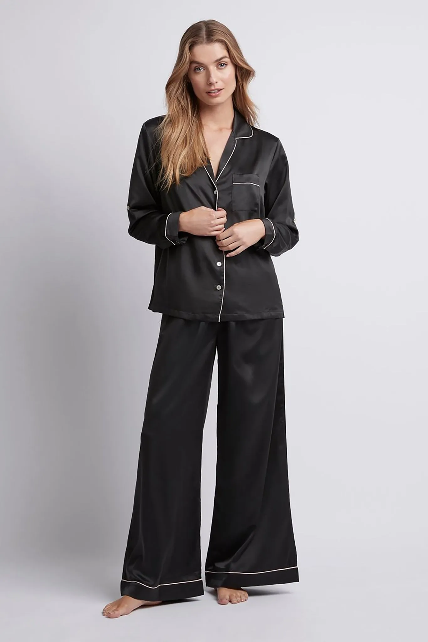 Sabrina Lounge Pyjama Set - Black with Blush Piping