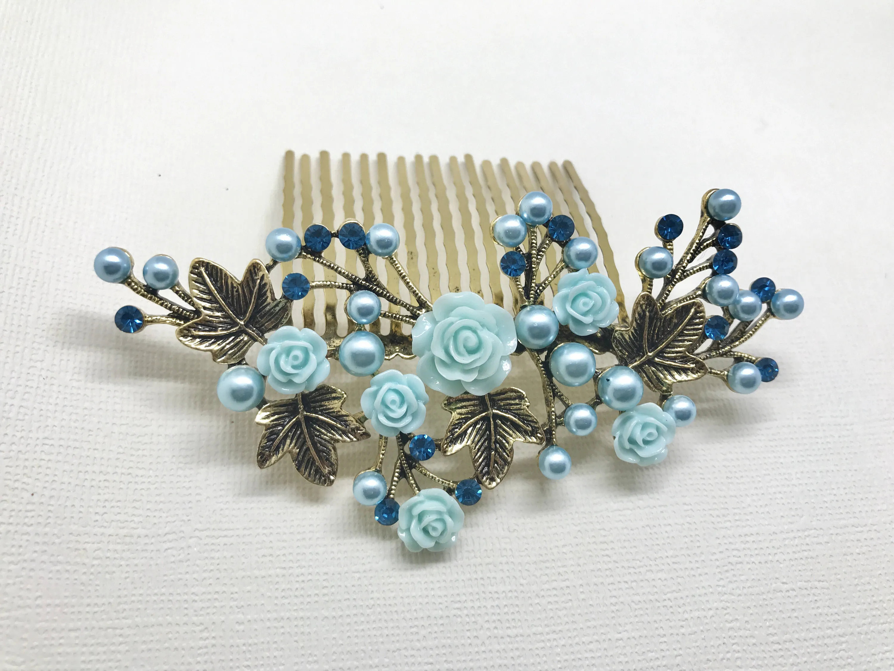 Sale! Blue Flower Hair Accessory, Pearl Hair comb, Gold hair accessory, Flower leaf hair comb, Wedding hair jewelry, Bridesmaid hair accesso