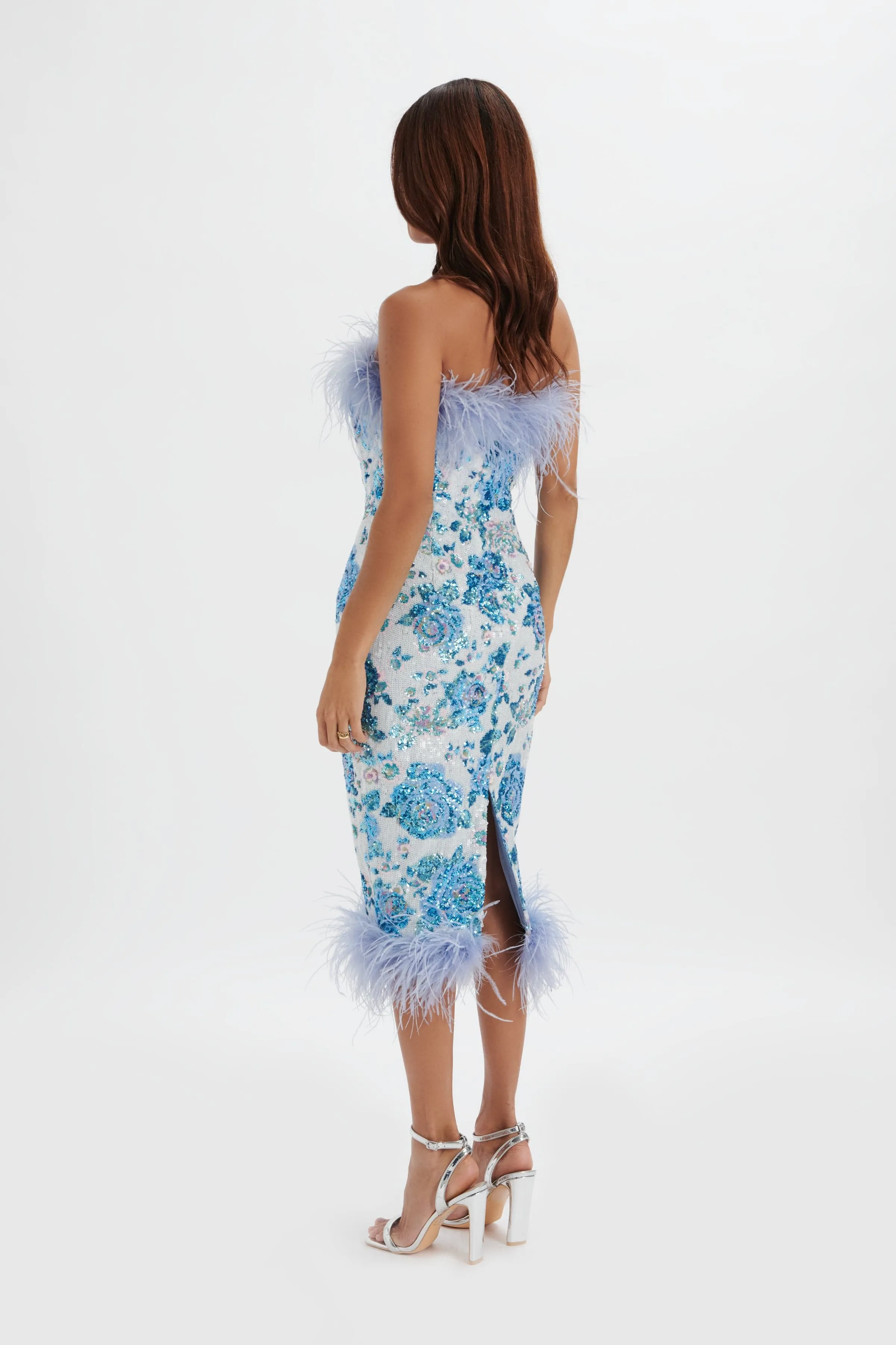 SAMI Feather Bandeau Midi Dress in White and Blue Rose Sequin