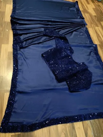 Satin Navy Blue Sequin Ready to Wear Sari UK Next Day