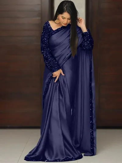 Satin Navy Blue Sequin Ready to Wear Sari UK Next Day