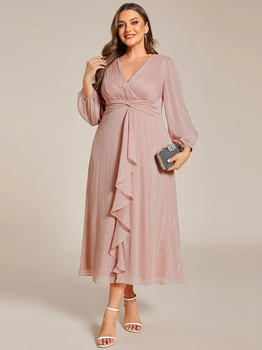 See-Through Long Sleeve Twist Knot A-Line Lotus Leaf Shimmering Evening Dress