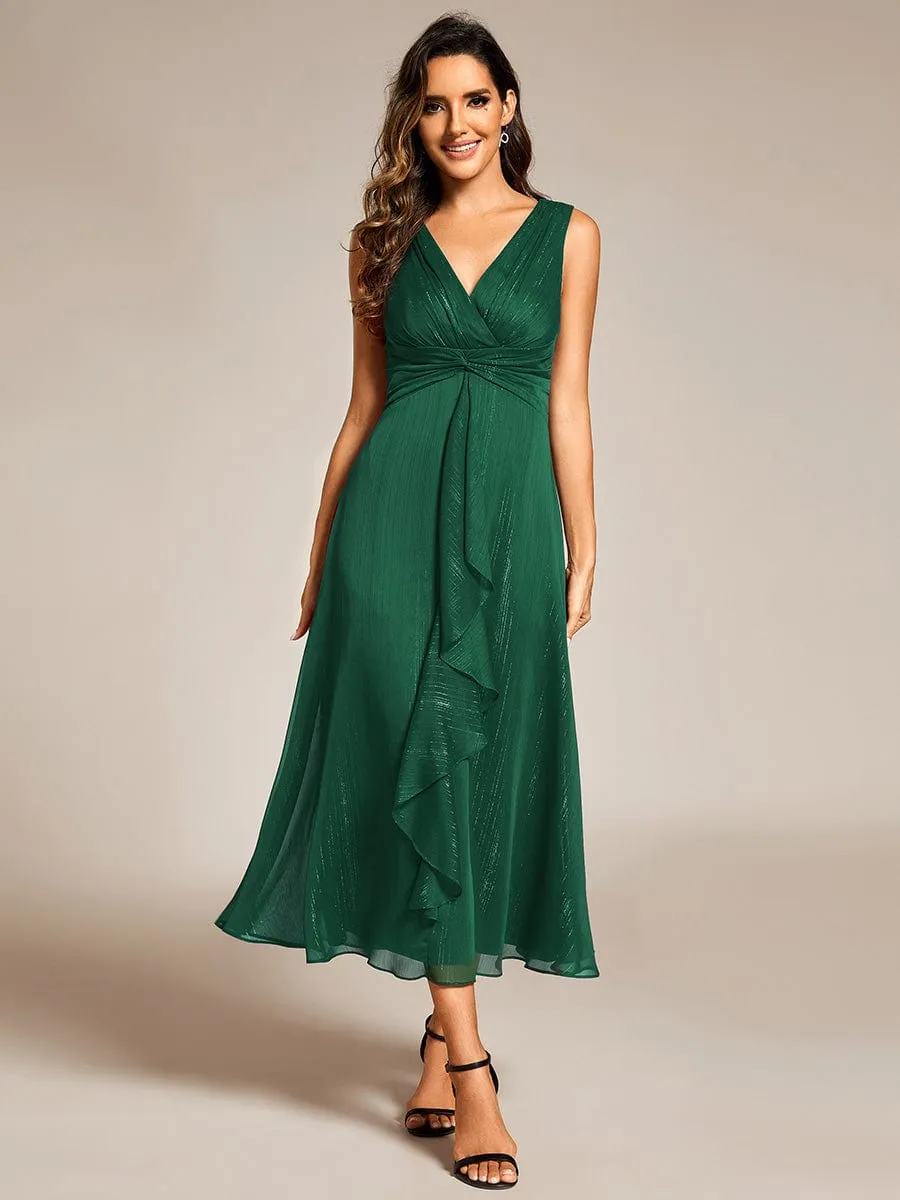 See-Through Long Sleeve Twist Knot A-Line Lotus Leaf Shimmering Evening Dress