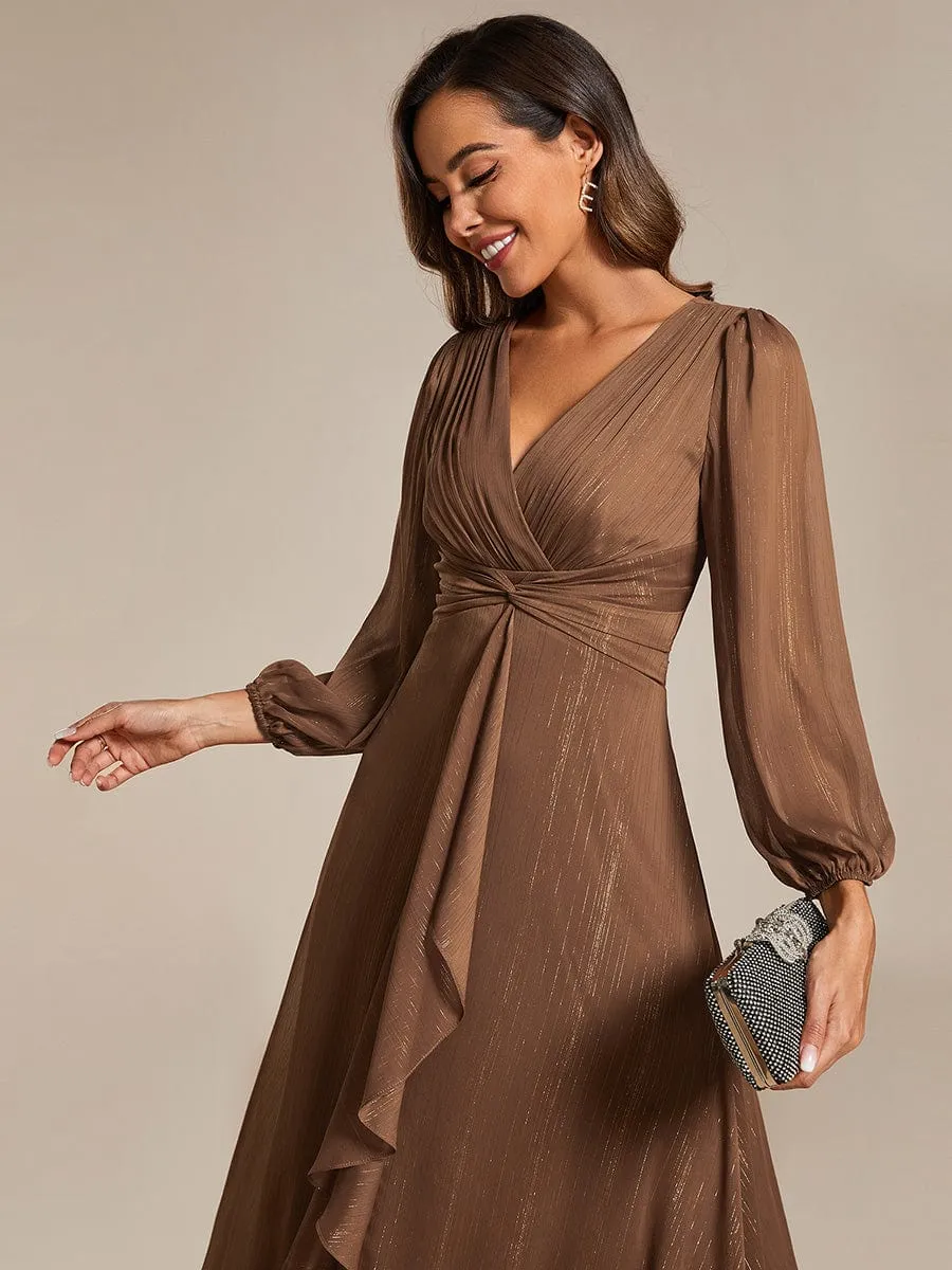 See-Through Long Sleeve Twist Knot A-Line Lotus Leaf Shimmering Evening Dress