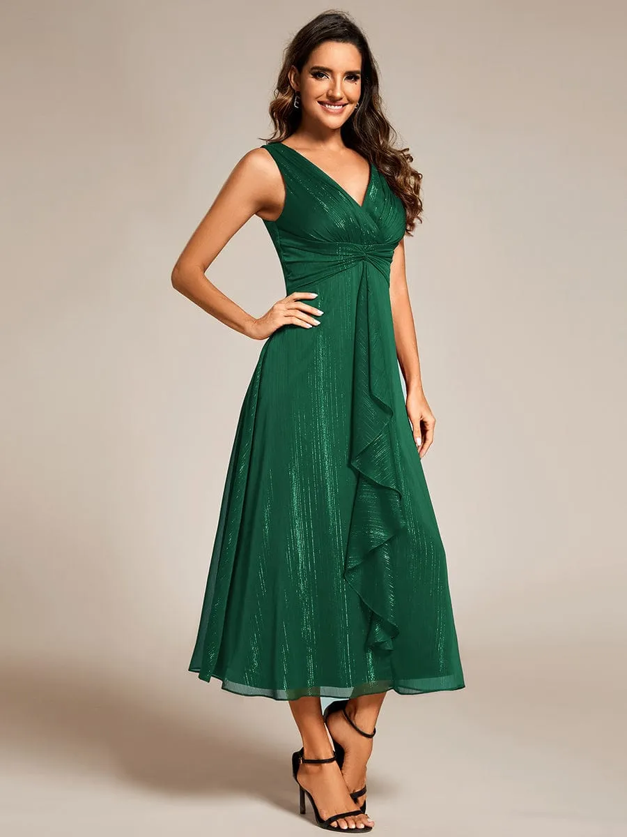 See-Through Long Sleeve Twist Knot A-Line Lotus Leaf Shimmering Evening Dress