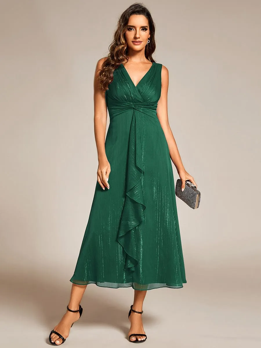 See-Through Long Sleeve Twist Knot A-Line Lotus Leaf Shimmering Evening Dress