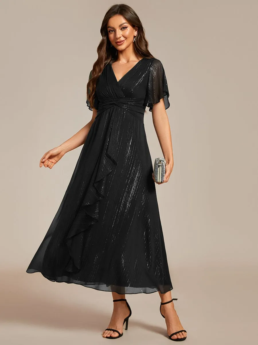 See-Through Long Sleeve Twist Knot A-Line Lotus Leaf Shimmering Evening Dress