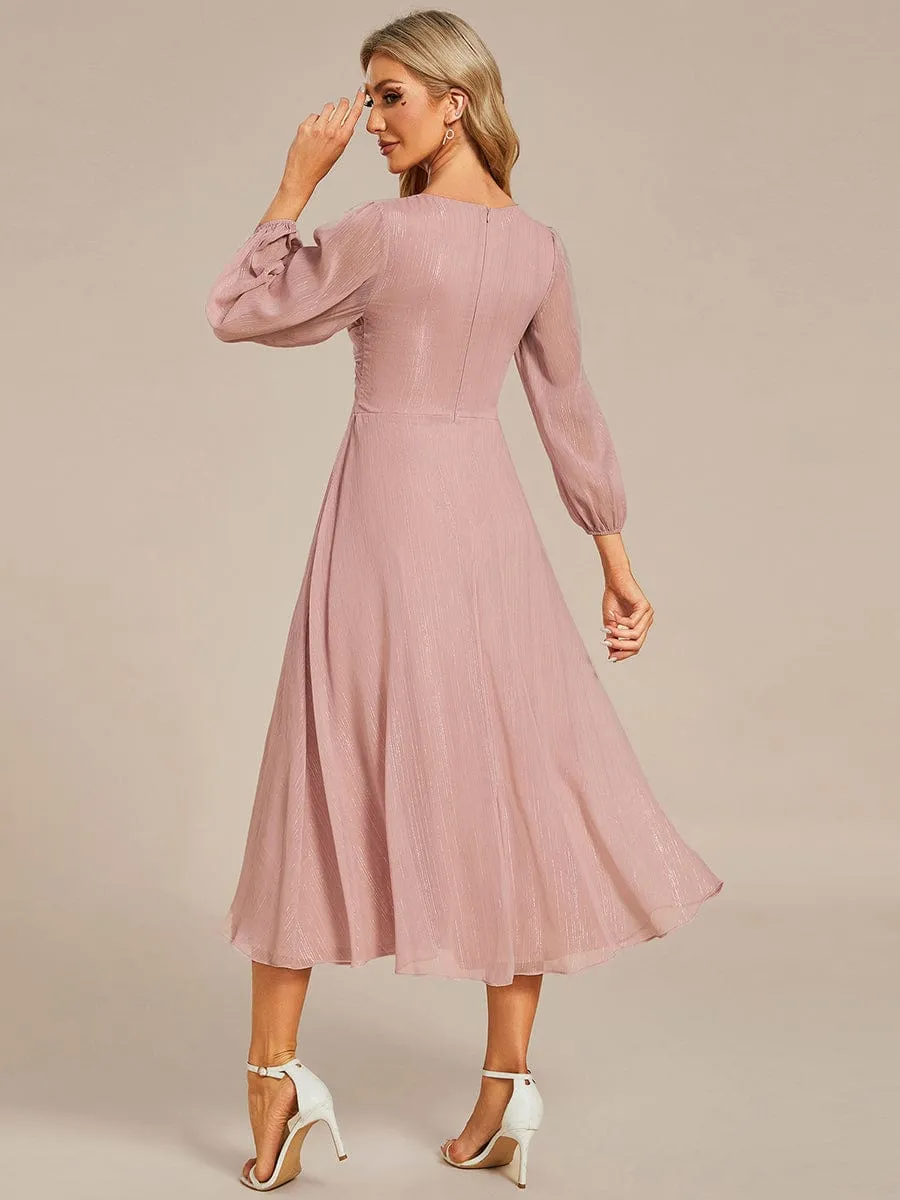 See-Through Long Sleeve Twist Knot A-Line Lotus Leaf Shimmering Evening Dress