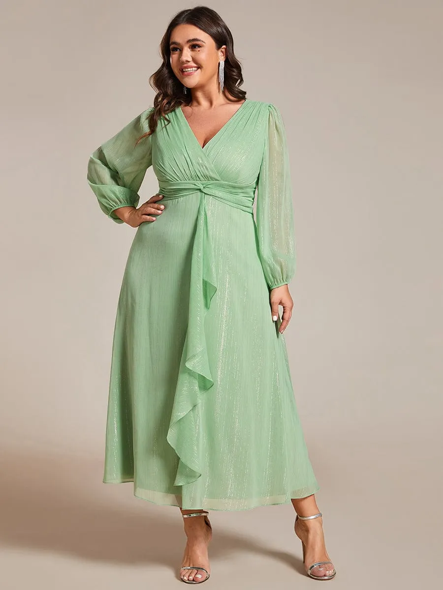 See-Through Long Sleeve Twist Knot A-Line Lotus Leaf Shimmering Evening Dress