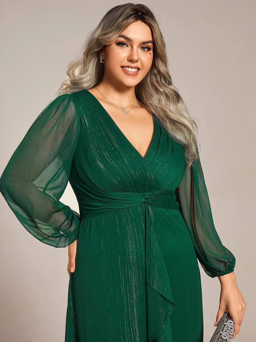 See-Through Long Sleeve Twist Knot A-Line Lotus Leaf Shimmering Evening Dress