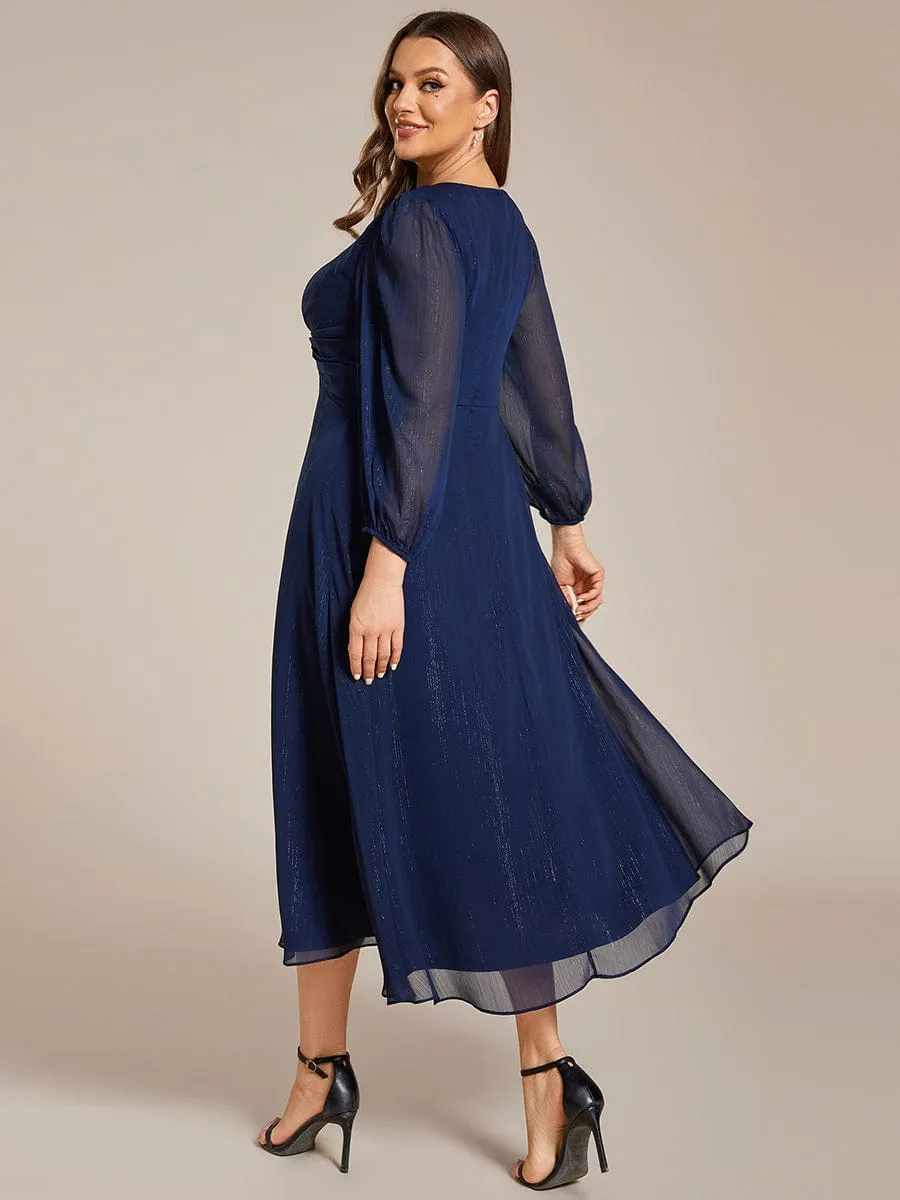 See-Through Long Sleeve Twist Knot A-Line Lotus Leaf Shimmering Evening Dress