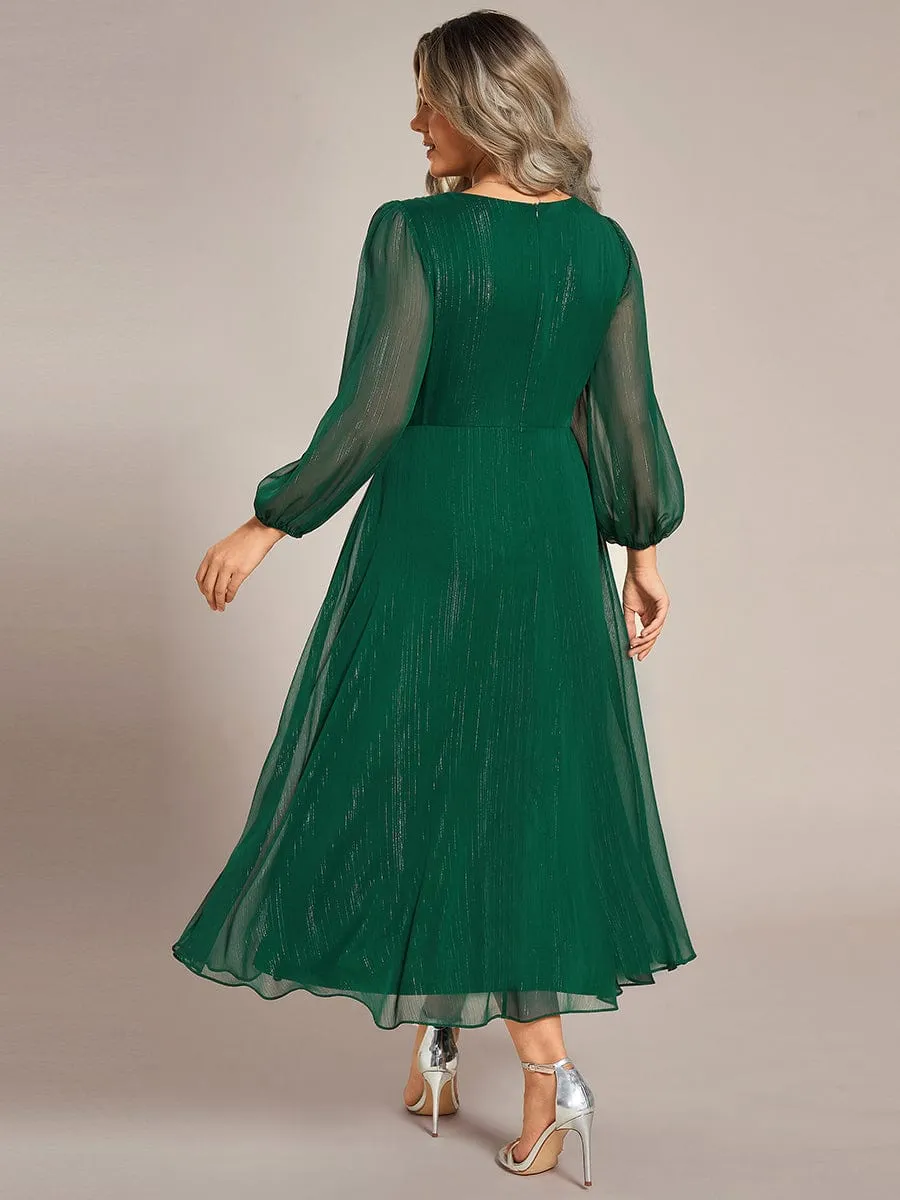 See-Through Long Sleeve Twist Knot A-Line Lotus Leaf Shimmering Evening Dress