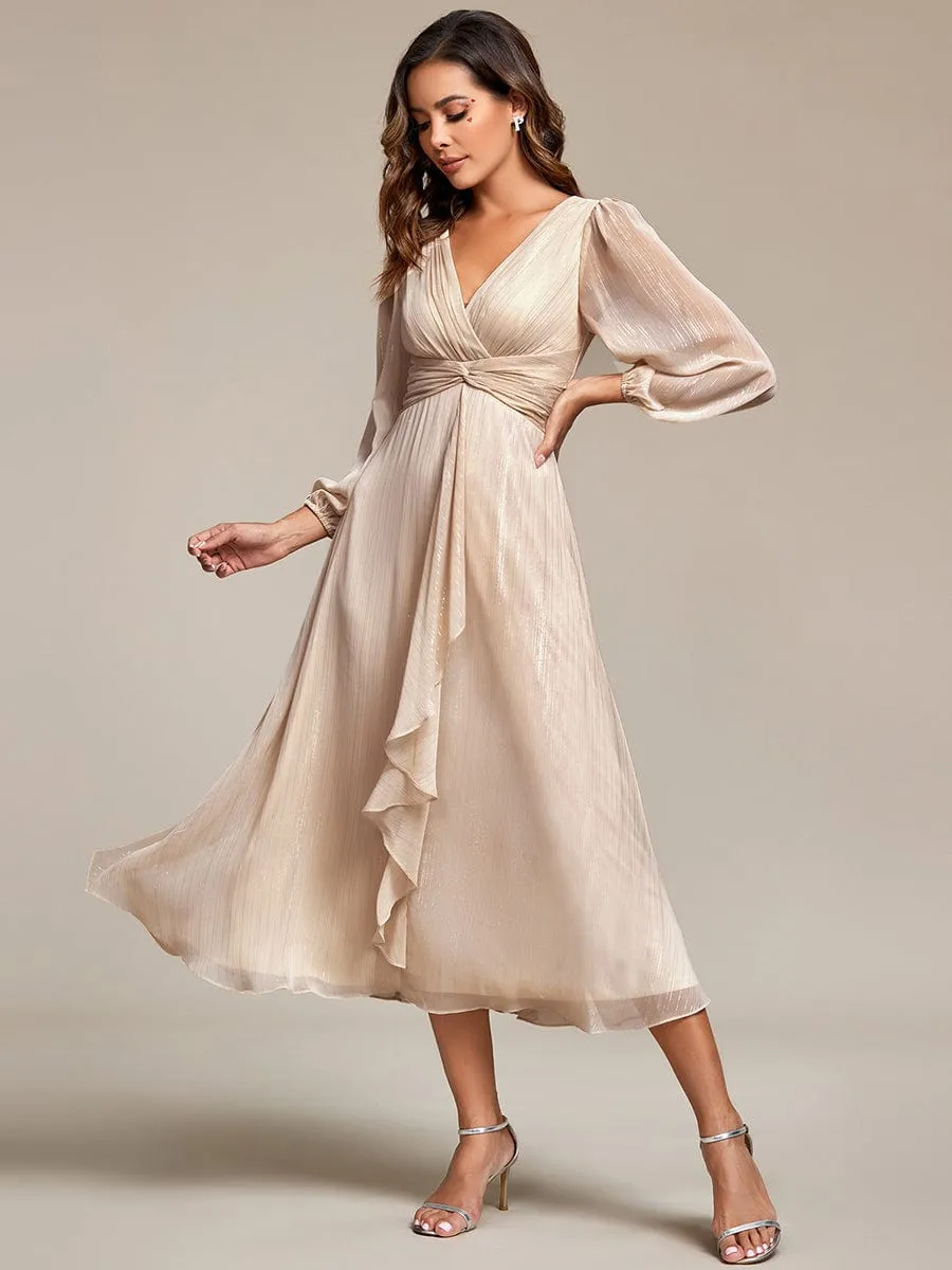 See-Through Long Sleeve Twist Knot A-Line Lotus Leaf Shimmering Evening Dress