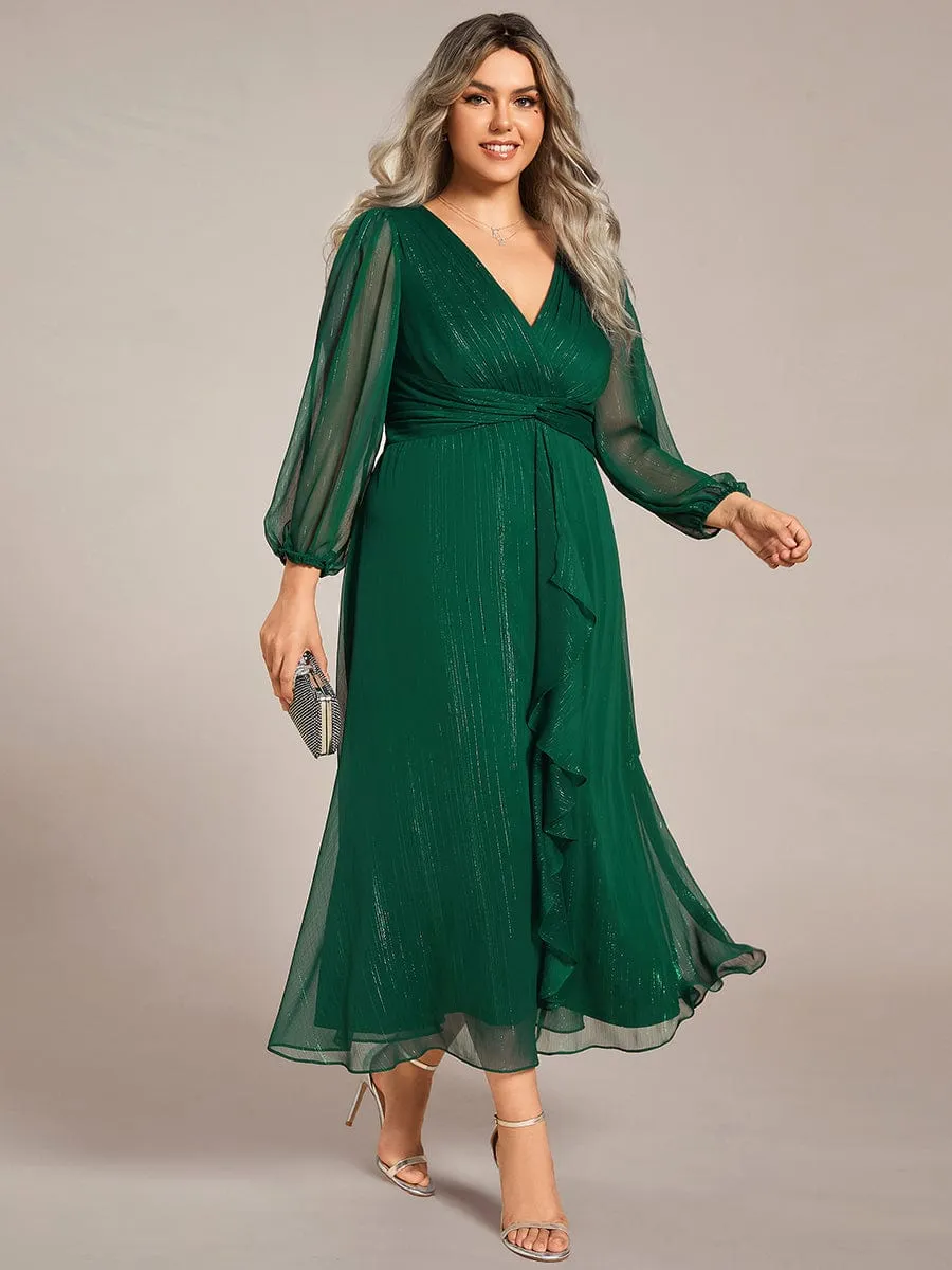 See-Through Long Sleeve Twist Knot A-Line Lotus Leaf Shimmering Evening Dress