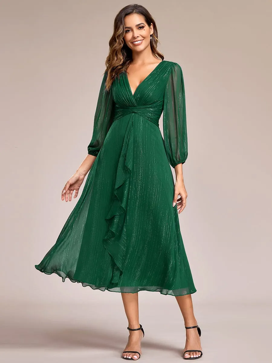 See-Through Long Sleeve Twist Knot A-Line Lotus Leaf Shimmering Evening Dress