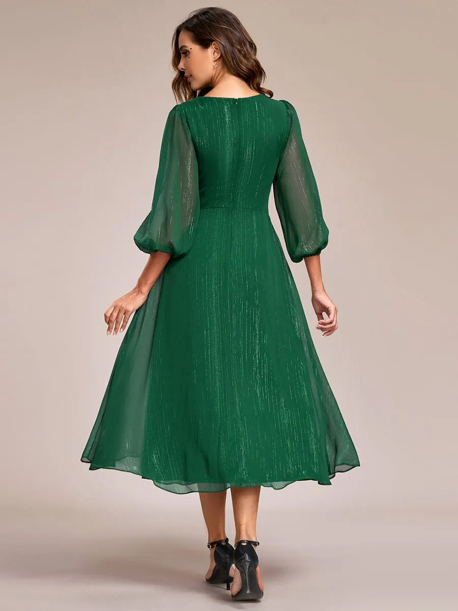 See-Through Long Sleeve Twist Knot A-Line Lotus Leaf Shimmering Evening Dress