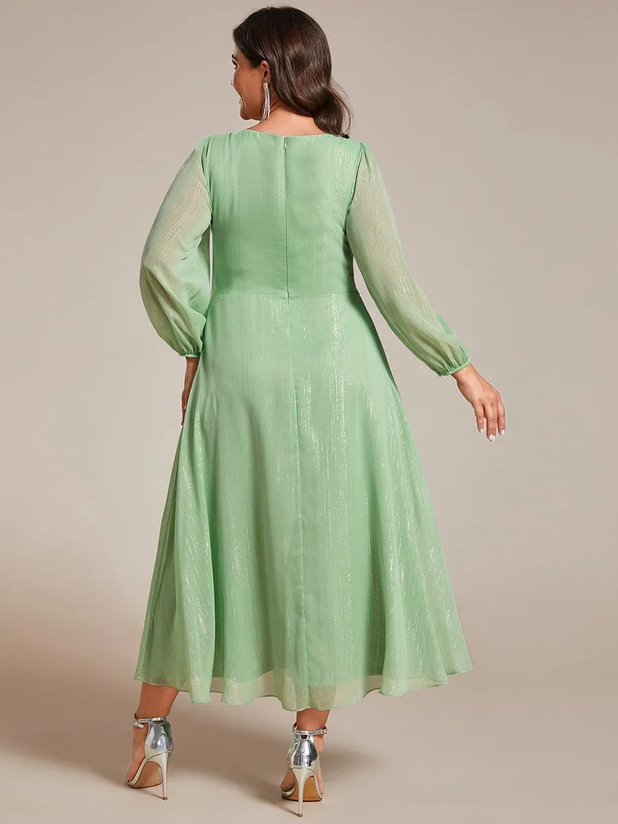 See-Through Long Sleeve Twist Knot A-Line Lotus Leaf Shimmering Evening Dress