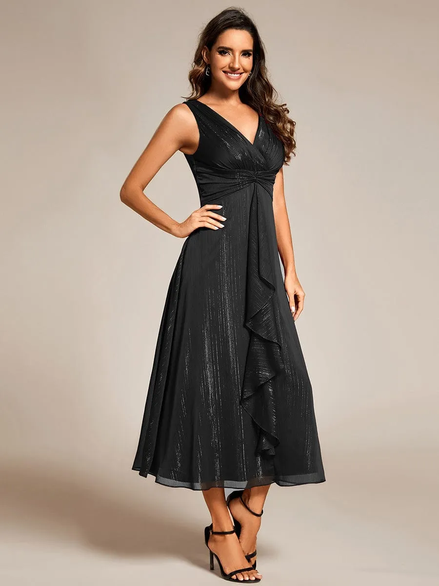 See-Through Long Sleeve Twist Knot A-Line Lotus Leaf Shimmering Evening Dress