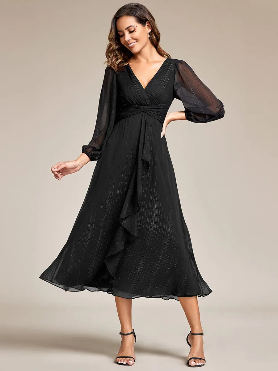 See-Through Long Sleeve Twist Knot A-Line Lotus Leaf Shimmering Evening Dress