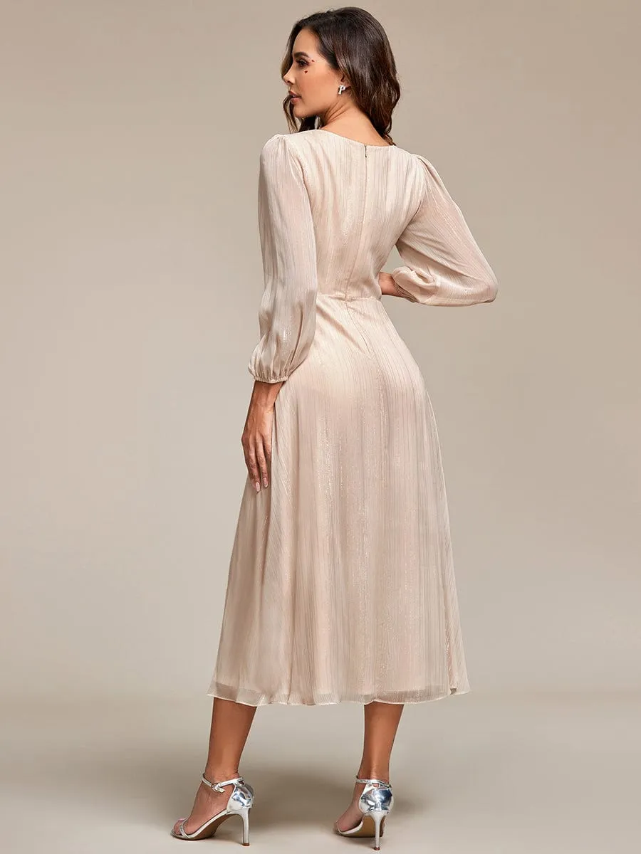 See-Through Long Sleeve Twist Knot A-Line Lotus Leaf Shimmering Evening Dress