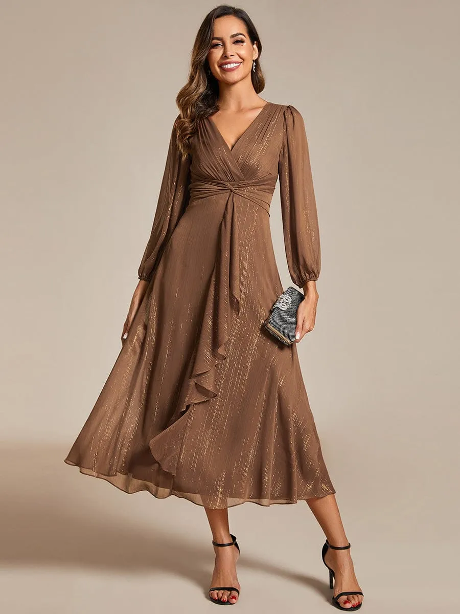 See-Through Long Sleeve Twist Knot A-Line Lotus Leaf Shimmering Evening Dress