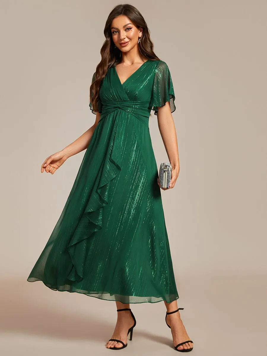 See-Through Long Sleeve Twist Knot A-Line Lotus Leaf Shimmering Evening Dress