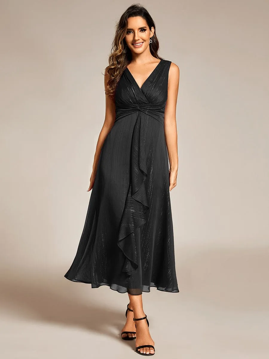 See-Through Long Sleeve Twist Knot A-Line Lotus Leaf Shimmering Evening Dress