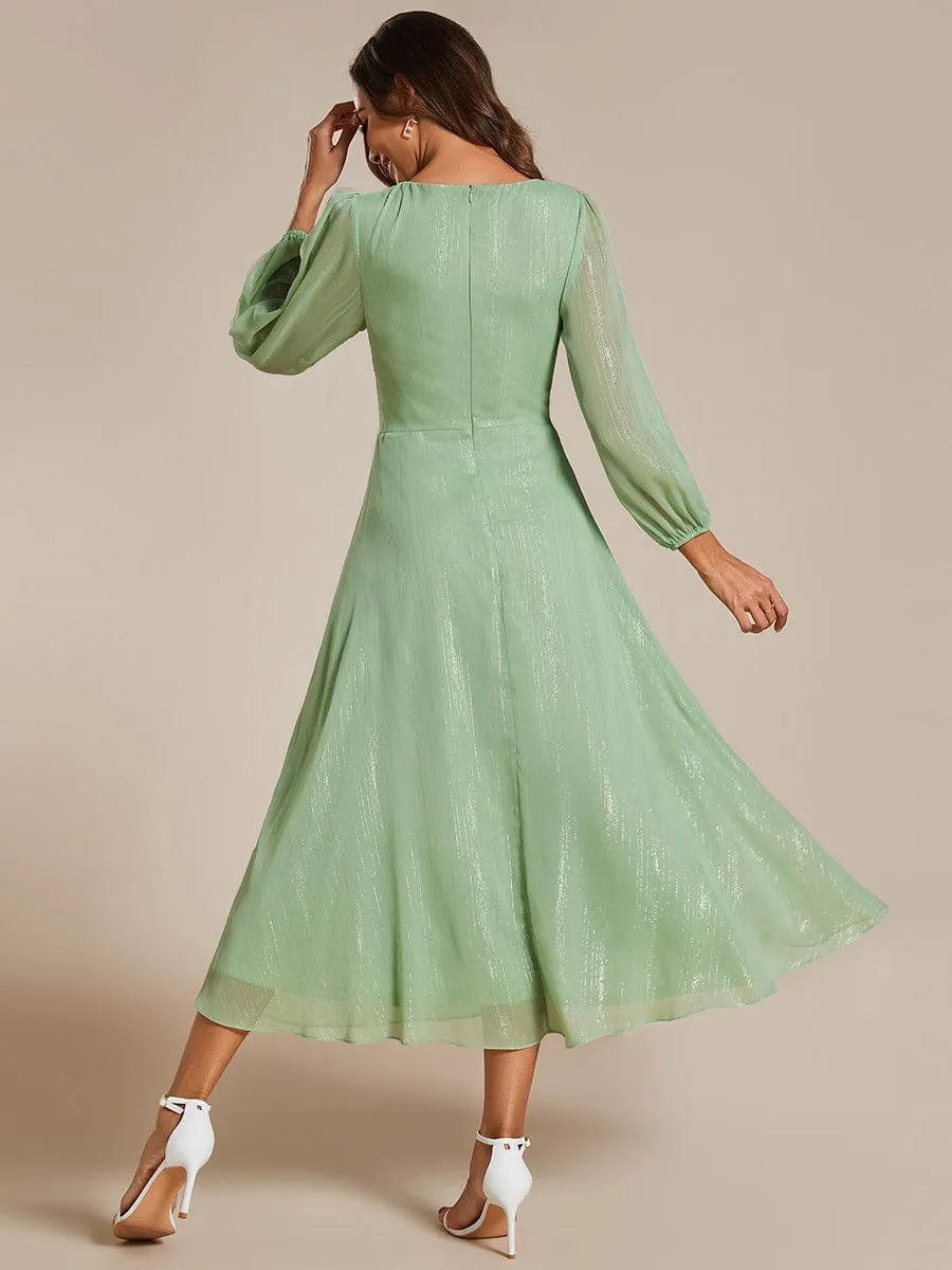 See-Through Long Sleeve Twist Knot A-Line Lotus Leaf Shimmering Evening Dress