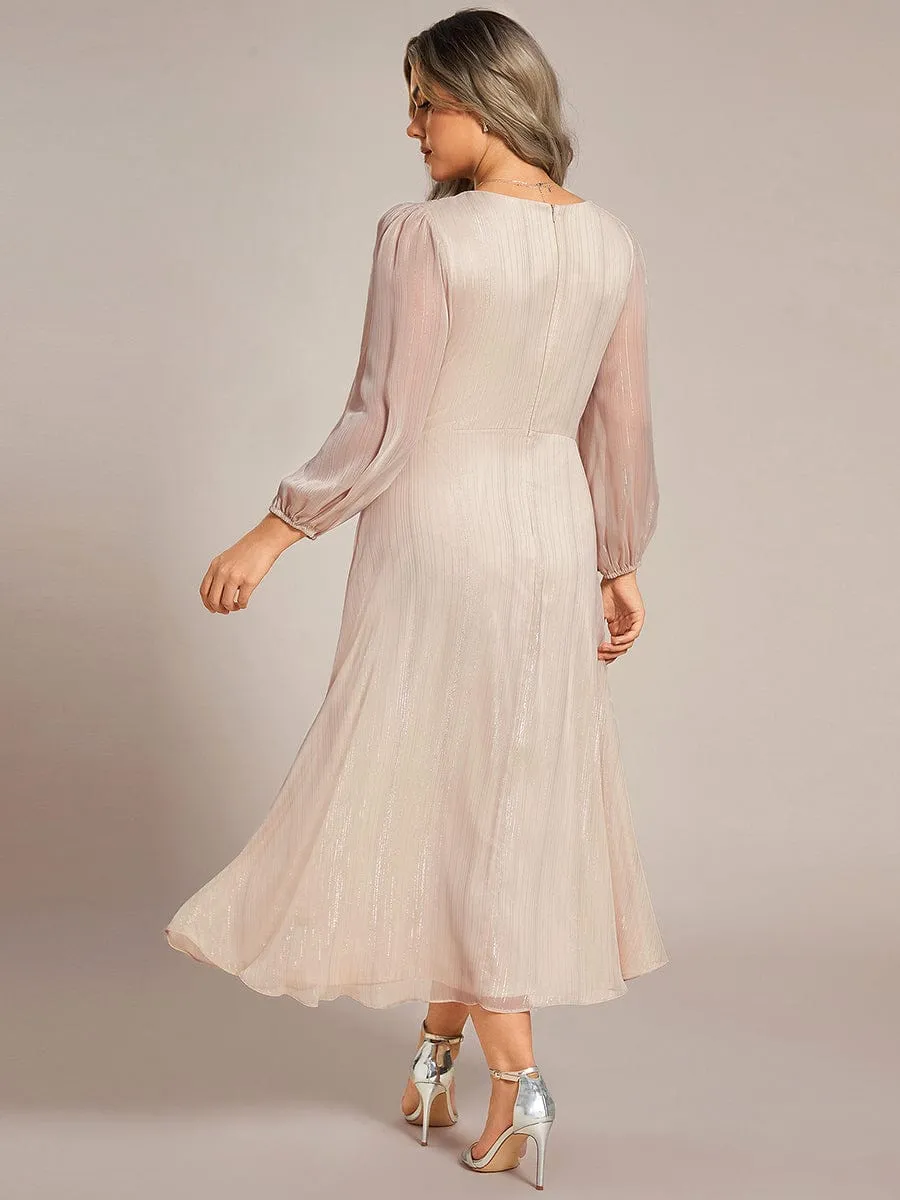 See-Through Long Sleeve Twist Knot A-Line Lotus Leaf Shimmering Evening Dress