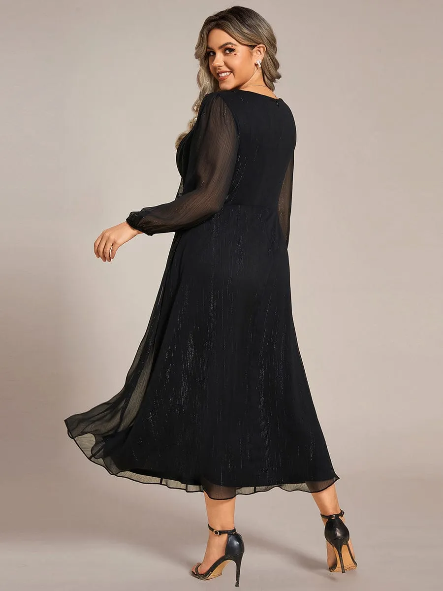 See-Through Long Sleeve Twist Knot A-Line Lotus Leaf Shimmering Evening Dress