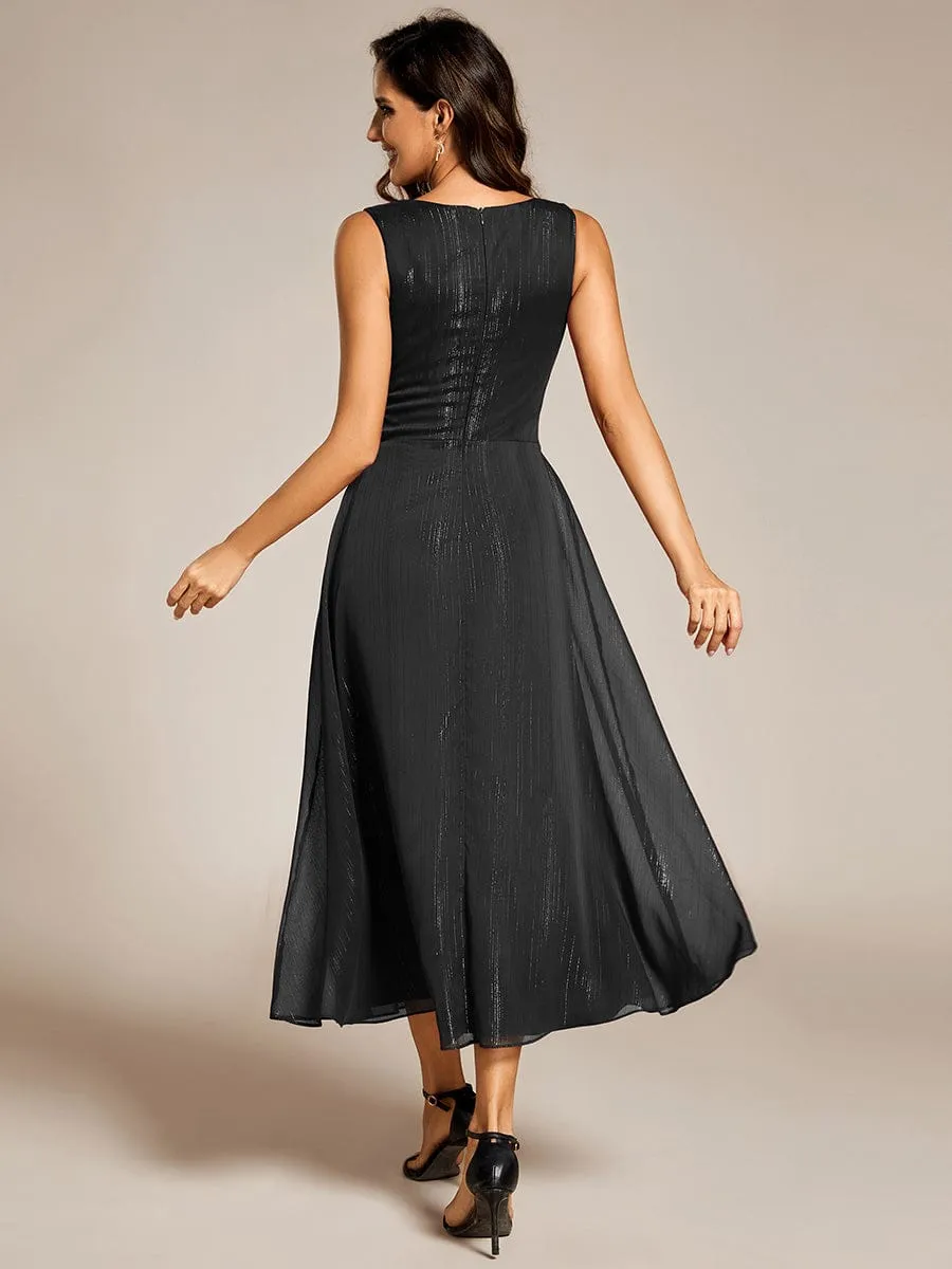 See-Through Long Sleeve Twist Knot A-Line Lotus Leaf Shimmering Evening Dress