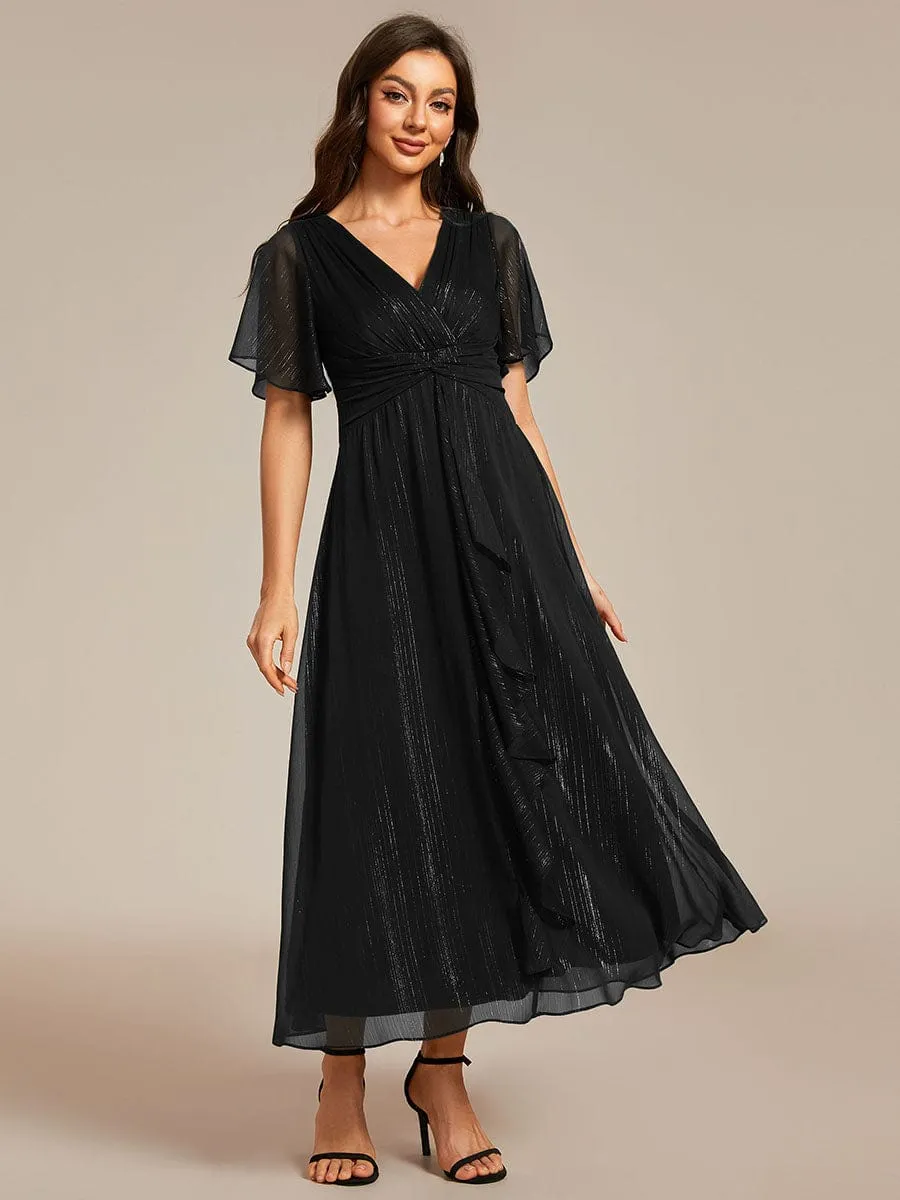 See-Through Long Sleeve Twist Knot A-Line Lotus Leaf Shimmering Evening Dress