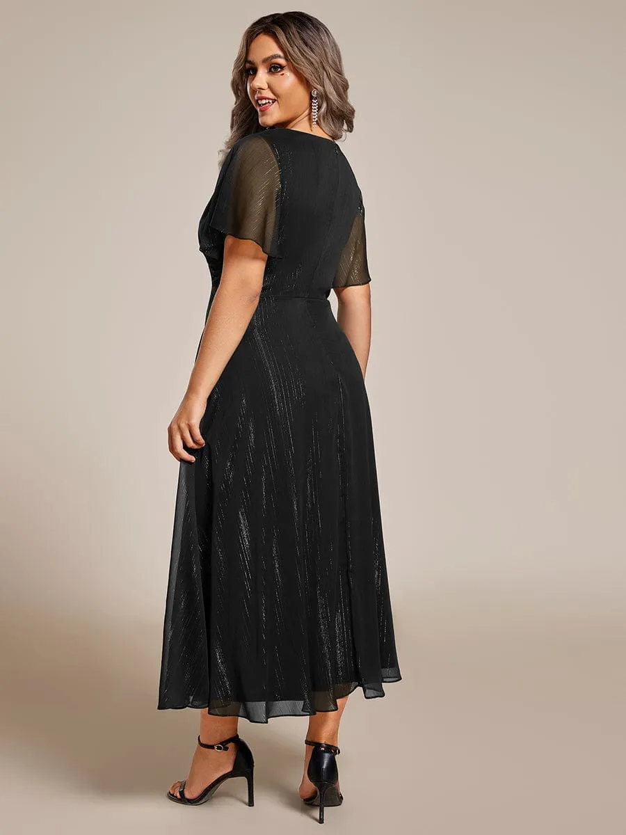 See-Through Long Sleeve Twist Knot A-Line Lotus Leaf Shimmering Evening Dress