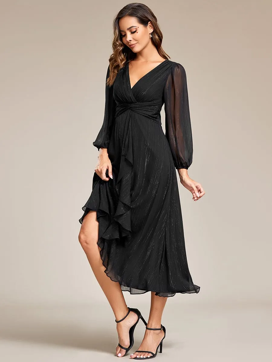 See-Through Long Sleeve Twist Knot A-Line Lotus Leaf Shimmering Evening Dress